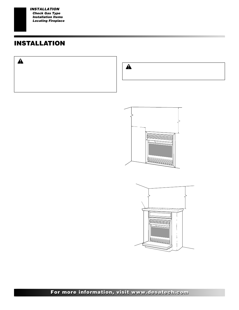 Installation, Continued, Locating fireplace | Check gas type, Installation items | Vanguard Heating VMH26TPB User Manual | Page 8 / 30