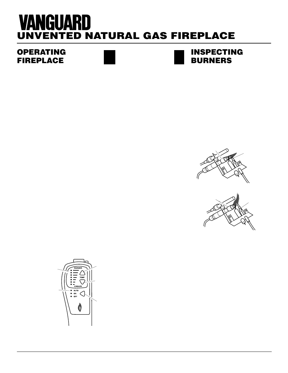 Unvented natural gas fireplace, Operating fireplace, Inspecting burners | Continued | Vanguard Heating VYGF33NRA User Manual | Page 16 / 28