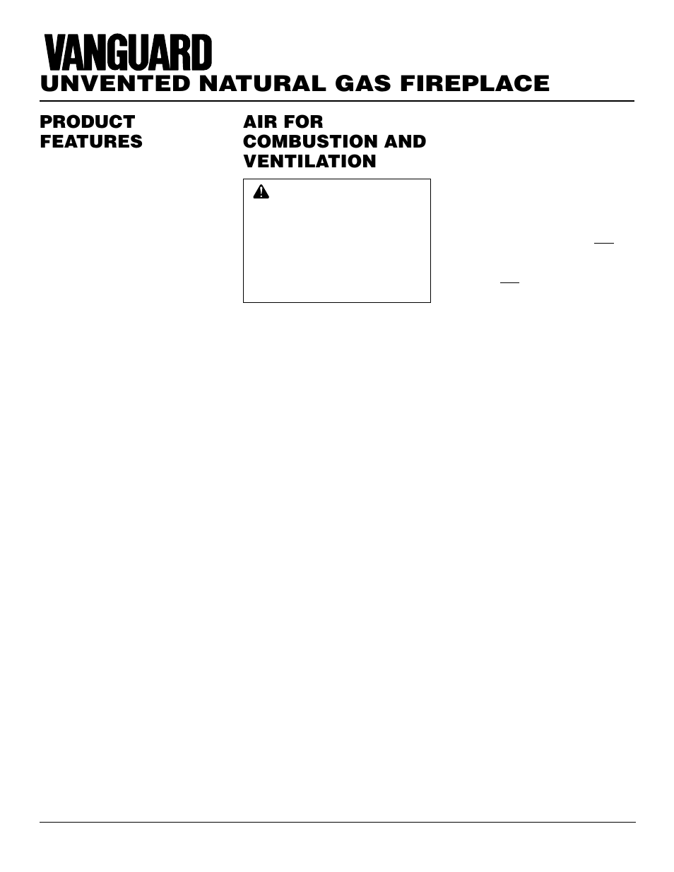 Unvented natural gas fireplace, Air for combustion and ventilation, Product features | Vanguard Heating VYGF33NRA User Manual | Page 4 / 28