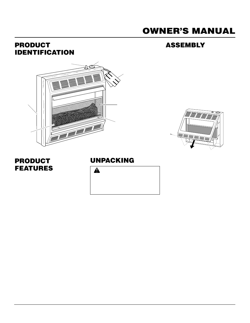 Owner’s manual, Product identification, Product features | Unpacking, Assembly | Vanguard Heating VMH3000TPSA User Manual | Page 3 / 24