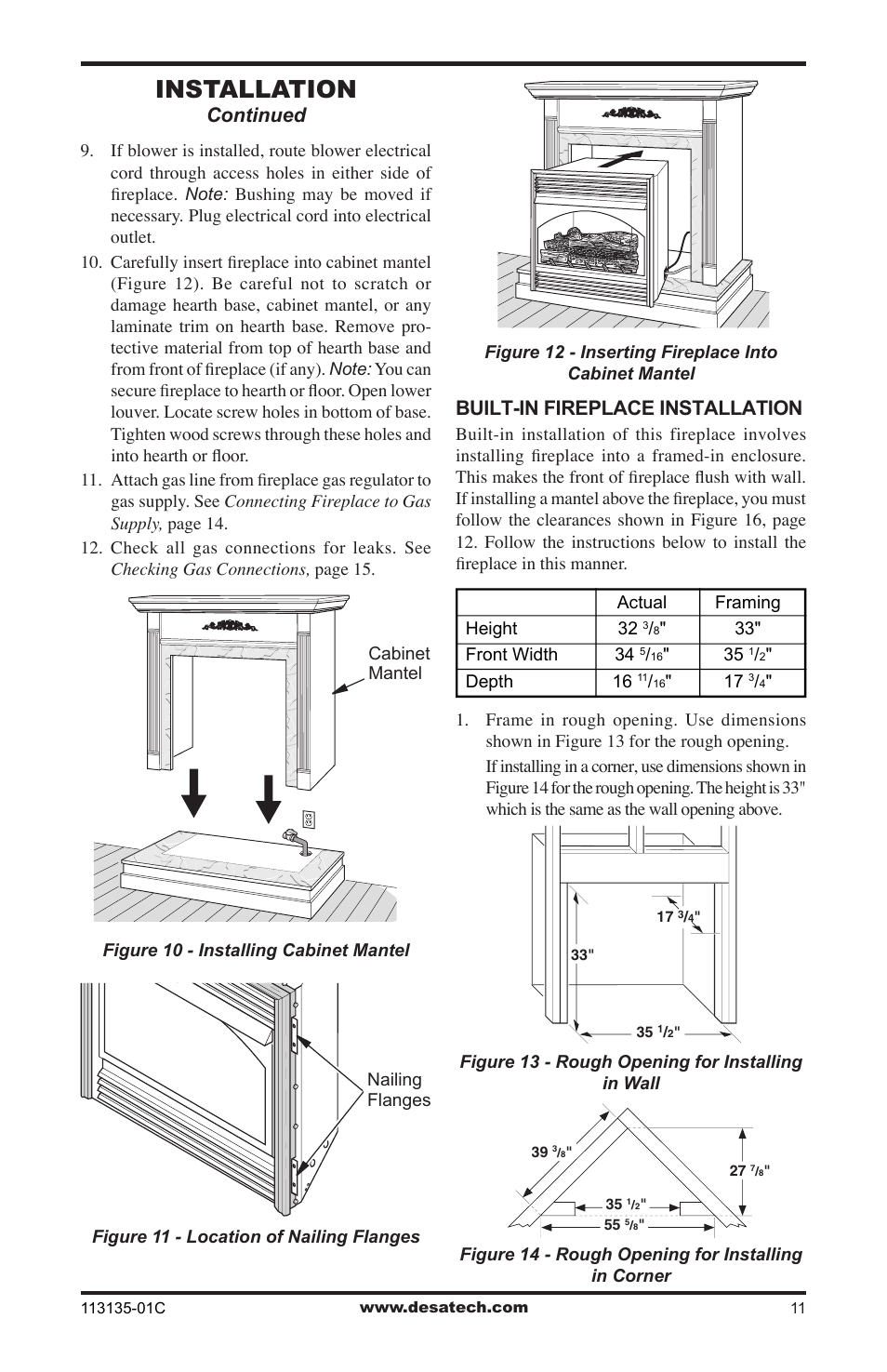 Installation, Continued, Built-in fireplace installation | Vanguard Heating VSGF-28PTE User Manual | Page 11 / 32