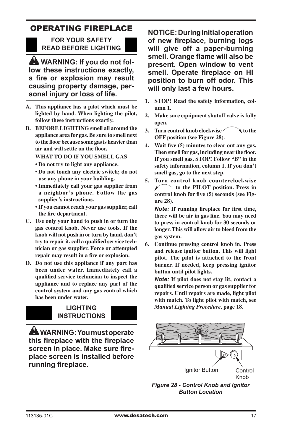 Operating fireplace | Vanguard Heating VSGF-28PTE User Manual | Page 17 / 32