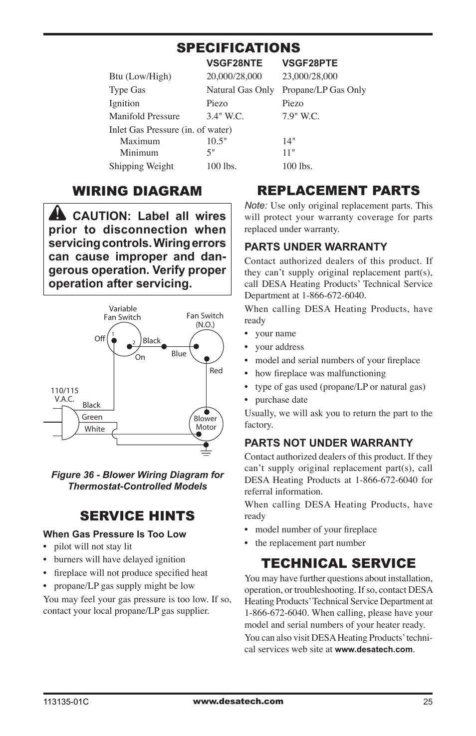 Wiring diagram, Service hints, Specifications | Replacement parts, Technical service | Vanguard Heating VSGF-28PTE User Manual | Page 25 / 32