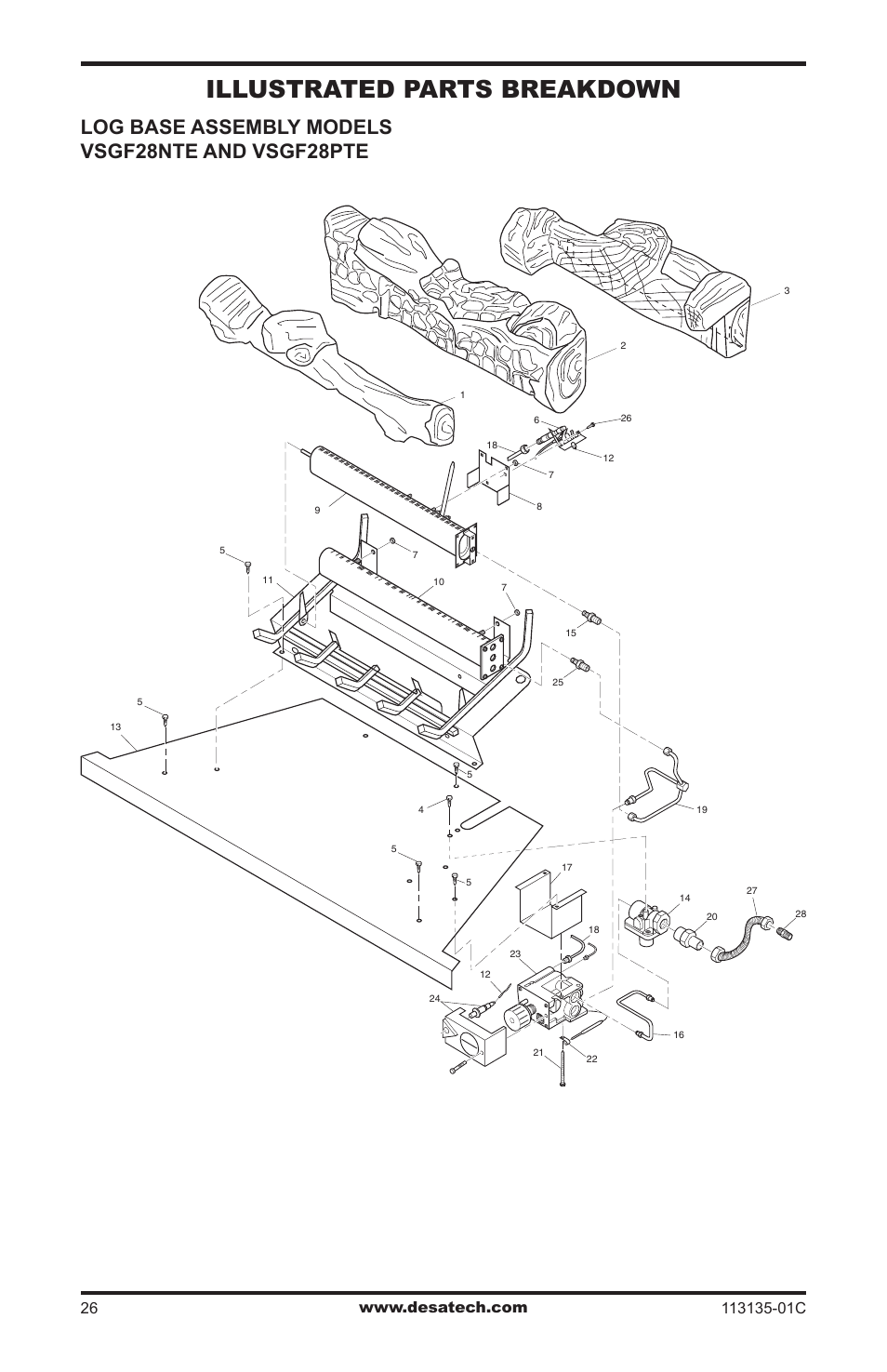 Illustrated parts breakdown and parts list, Illustrated parts breakdown, Log base assembly models vsgf28nte and vsgf28pte | Vanguard Heating VSGF-28PTE User Manual | Page 26 / 32