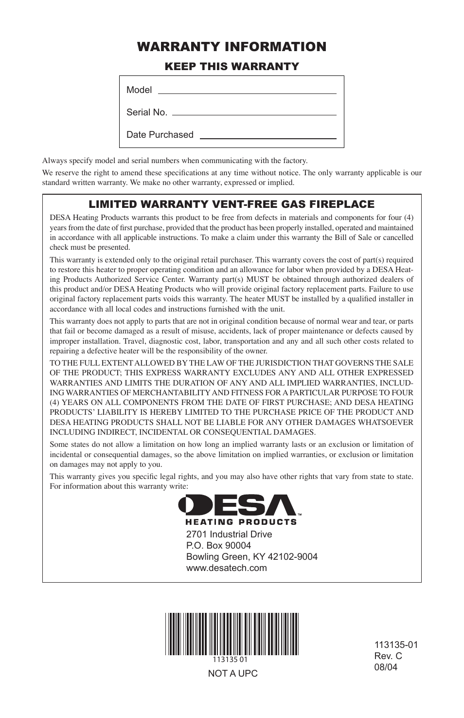 Warranty information, Limited warranty vent-free gas fireplace, Keep this warranty | Vanguard Heating VSGF-28PTE User Manual | Page 32 / 32