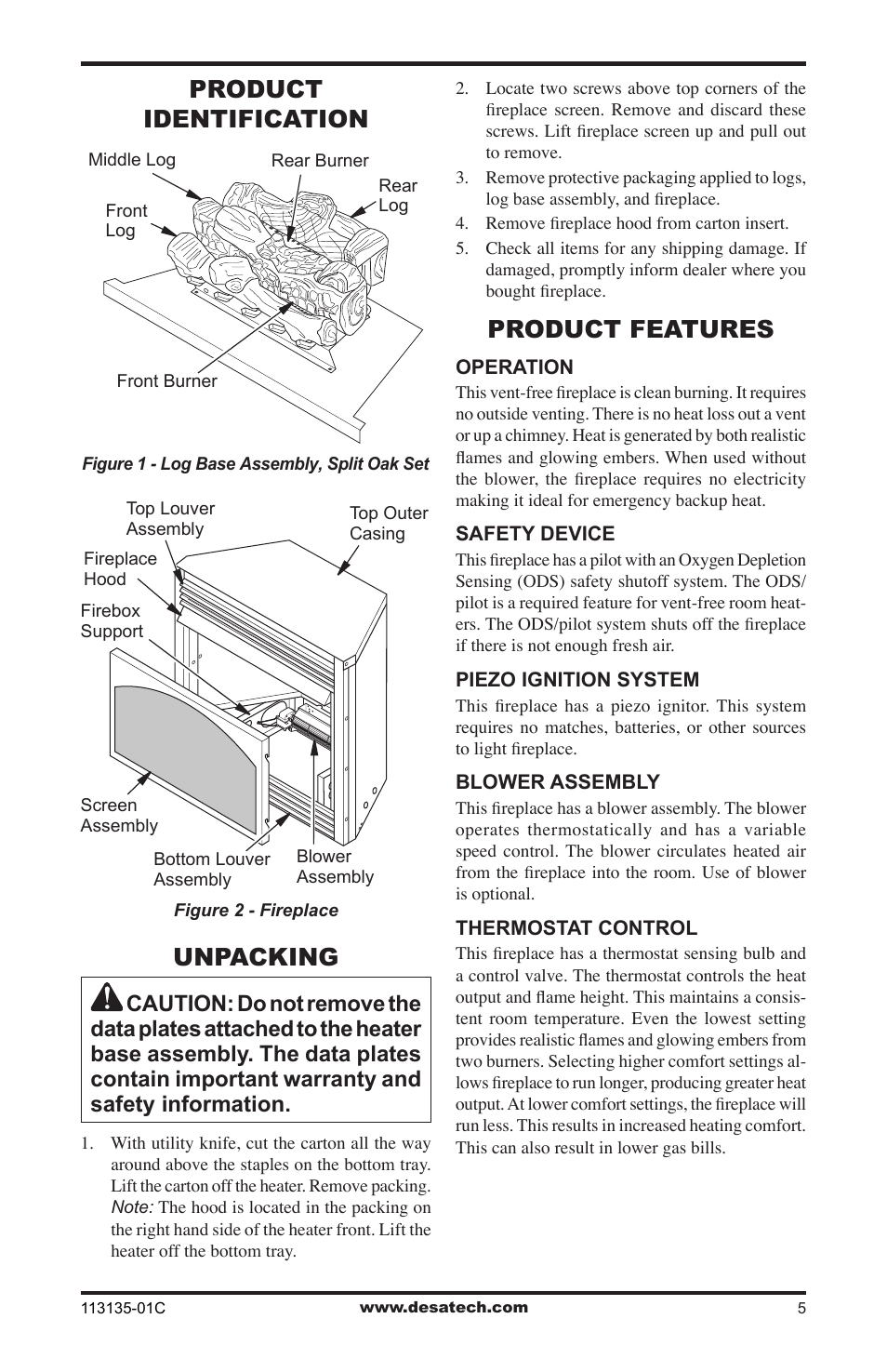 Product identification, Unpacking, Product features | Vanguard Heating VSGF-28PTE User Manual | Page 5 / 32