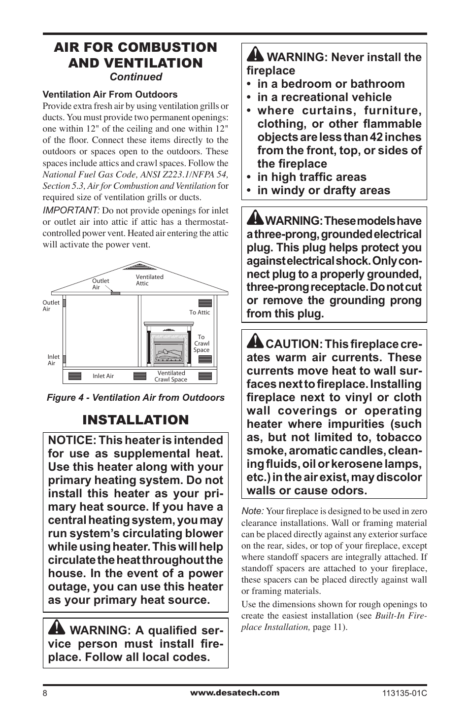 Installation, Air for combustion and ventilation | Vanguard Heating VSGF-28PTE User Manual | Page 8 / 32