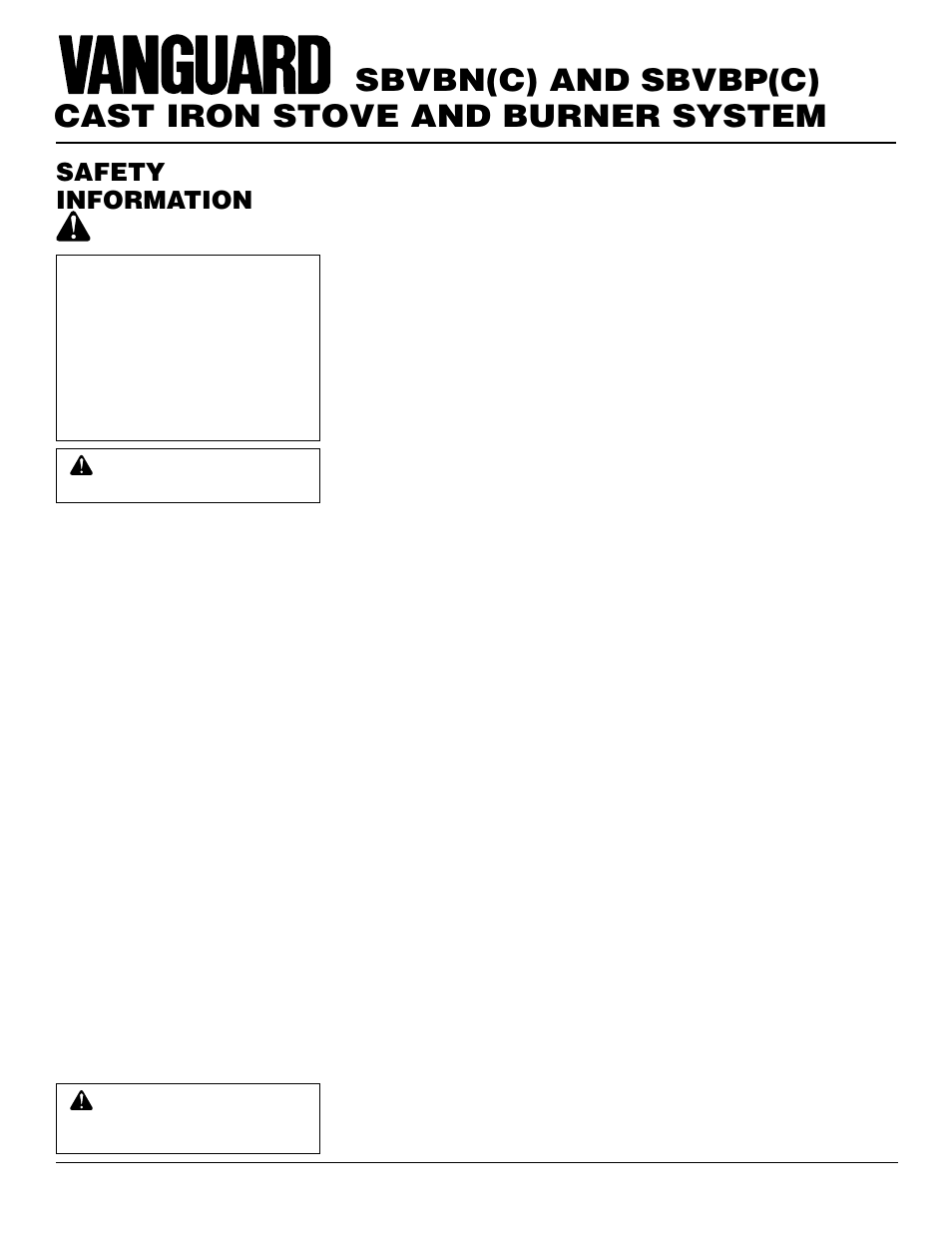 Cast iron stove and burner system, Sbvbn(c) and sbvbp(c), Safety information | Vanguard Heating SBVBN(C) User Manual | Page 2 / 32