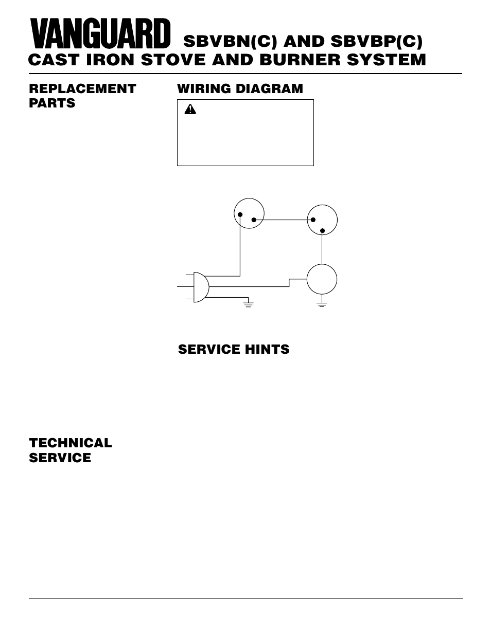 Cast iron stove and burner system, Sbvbn(c) and sbvbp(c), Service hints | Technical service, Replacement parts, Wiring diagram | Vanguard Heating SBVBN(C) User Manual | Page 26 / 32
