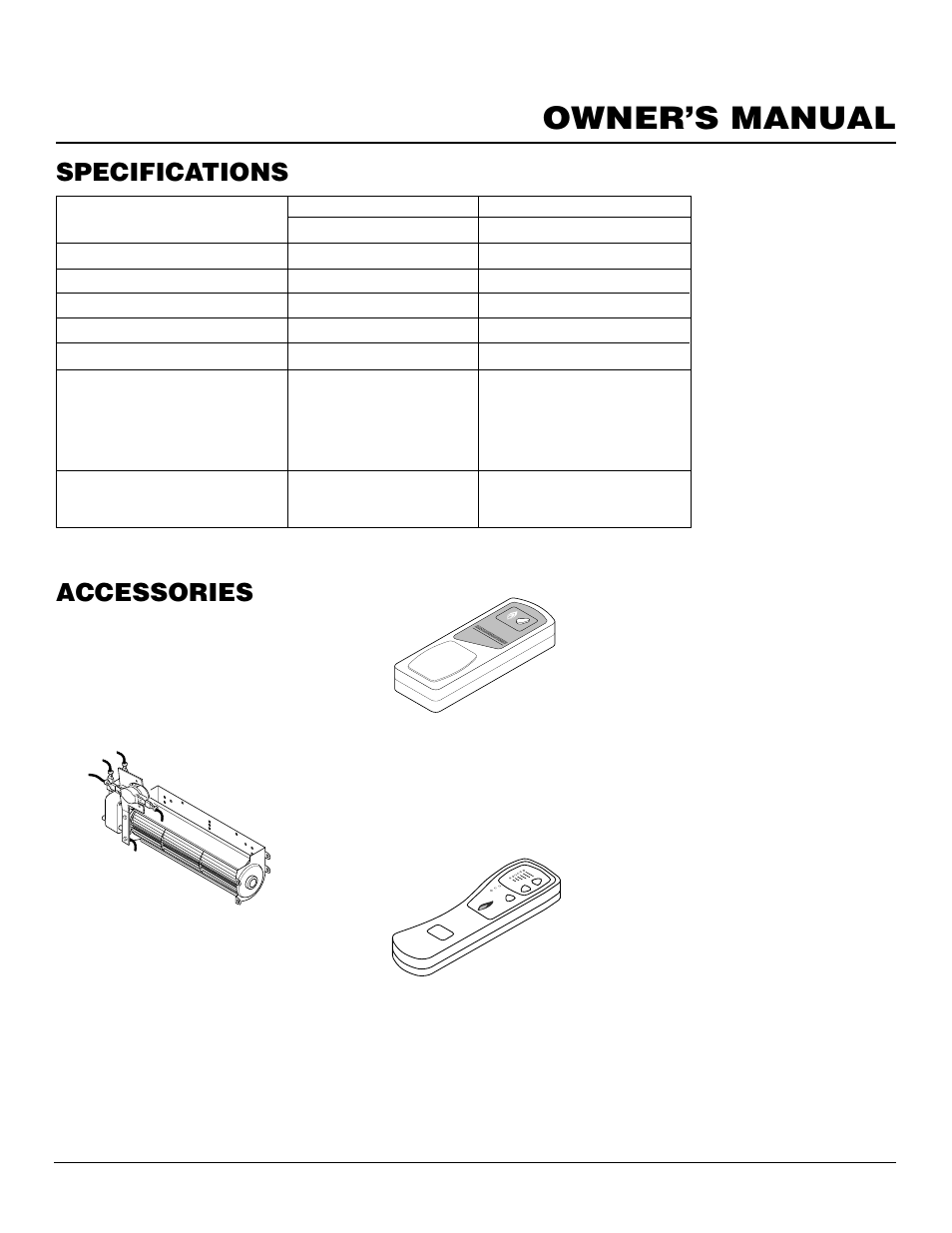 Owner’s manual, Specifications, Accessories | Thermostatically- controlled blower kit da3610ta, Receiver and hand-held remote control kit ghrc, Wall mounted on/off switch - gwms2 (not shown) | Vanguard Heating SBVBN(C) User Manual | Page 27 / 32