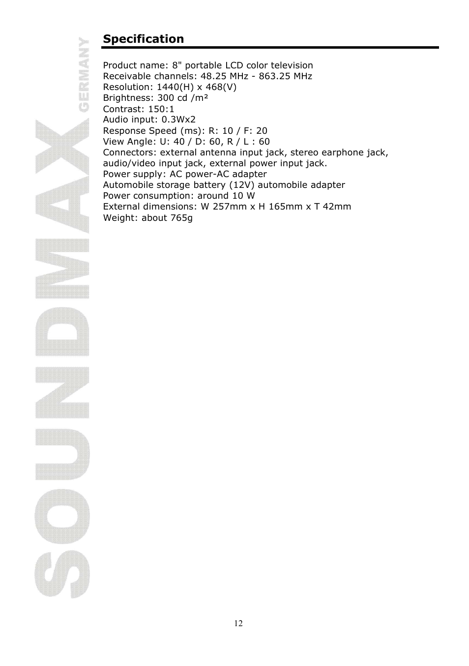 Specification | SoundMax SM-LCD810 User Manual | Page 12 / 24