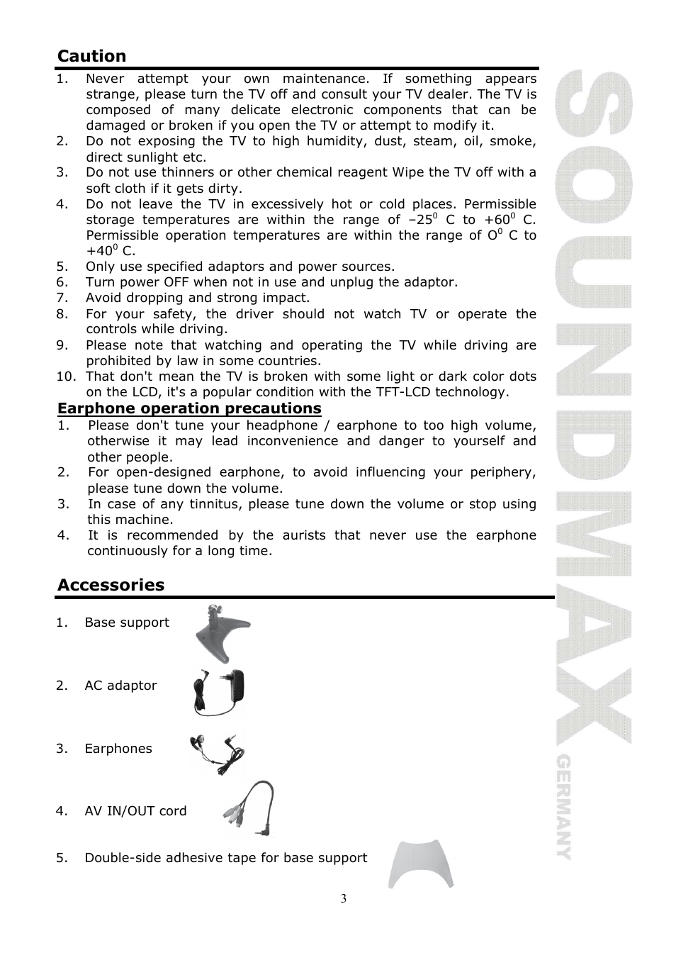 Caution, Accessories | SoundMax SM-LCD810 User Manual | Page 3 / 24