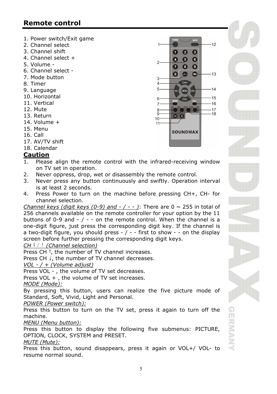 Remote control | SoundMax SM-LCD810 User Manual | Page 5 / 24
