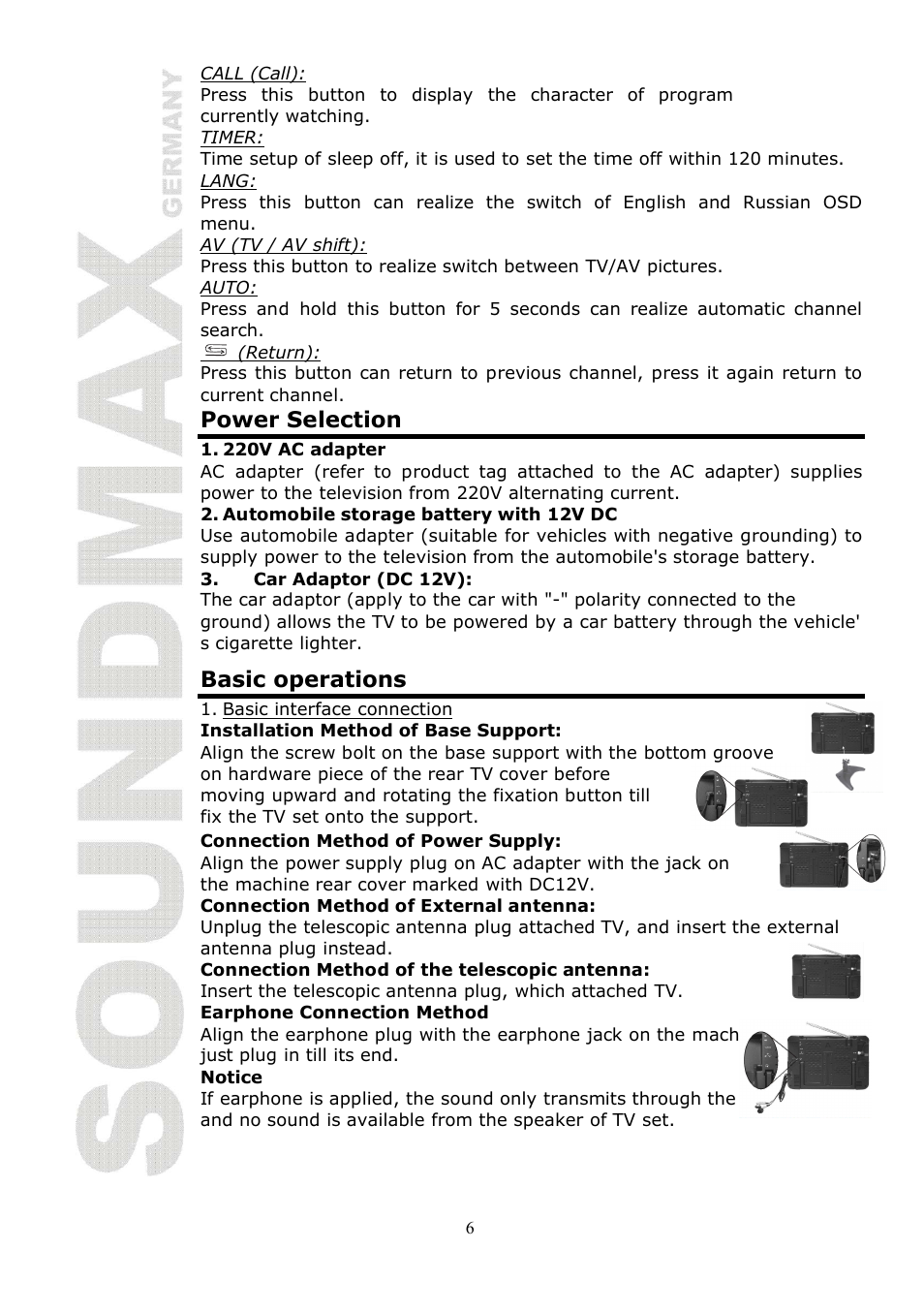 Power selection, Basic operations | SoundMax SM-LCD810 User Manual | Page 6 / 24