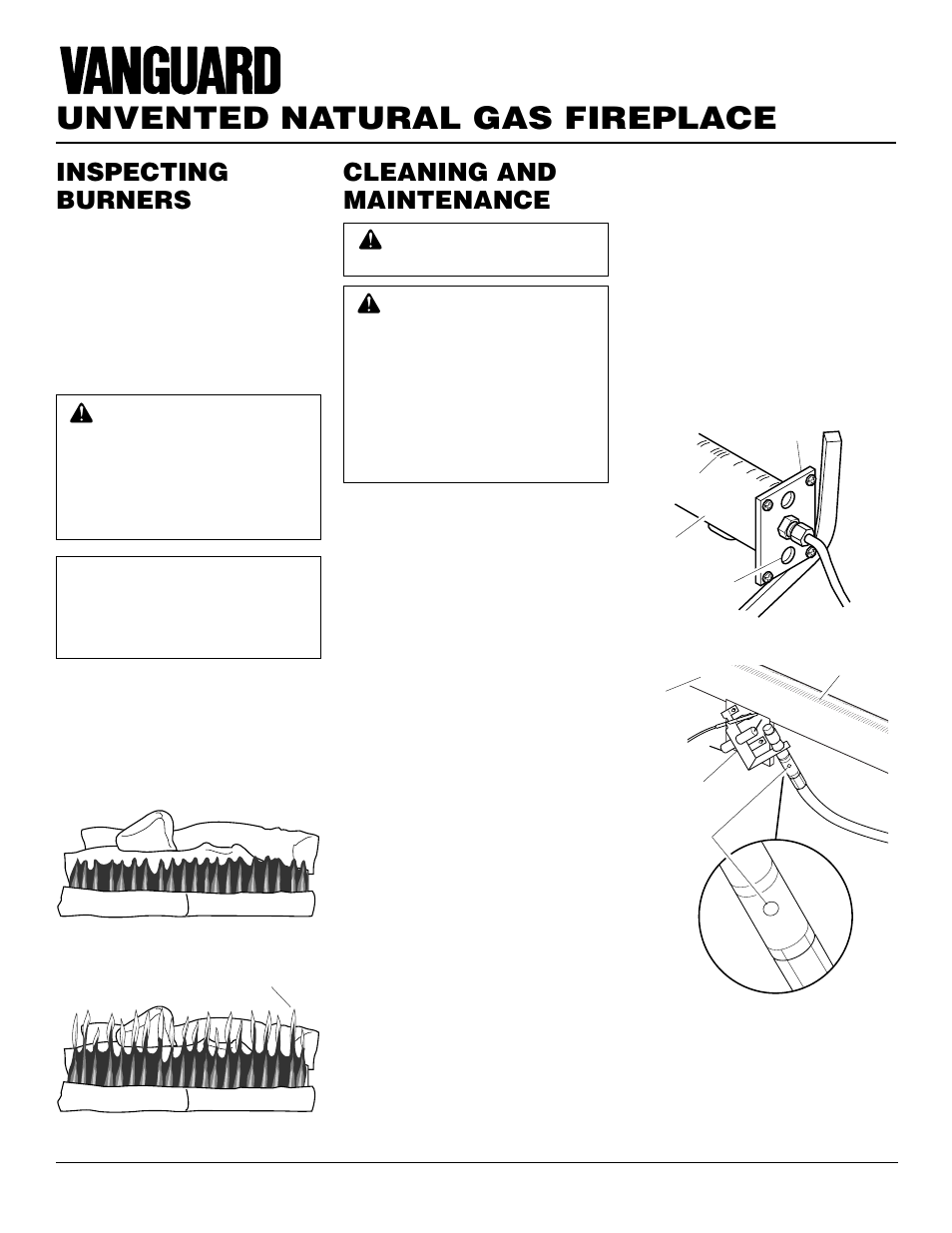 Unvented natural gas fireplace, Inspecting burners, Cleaning and maintenance | Continued | Vanguard Heating VSGF28NTC User Manual | Page 18 / 32