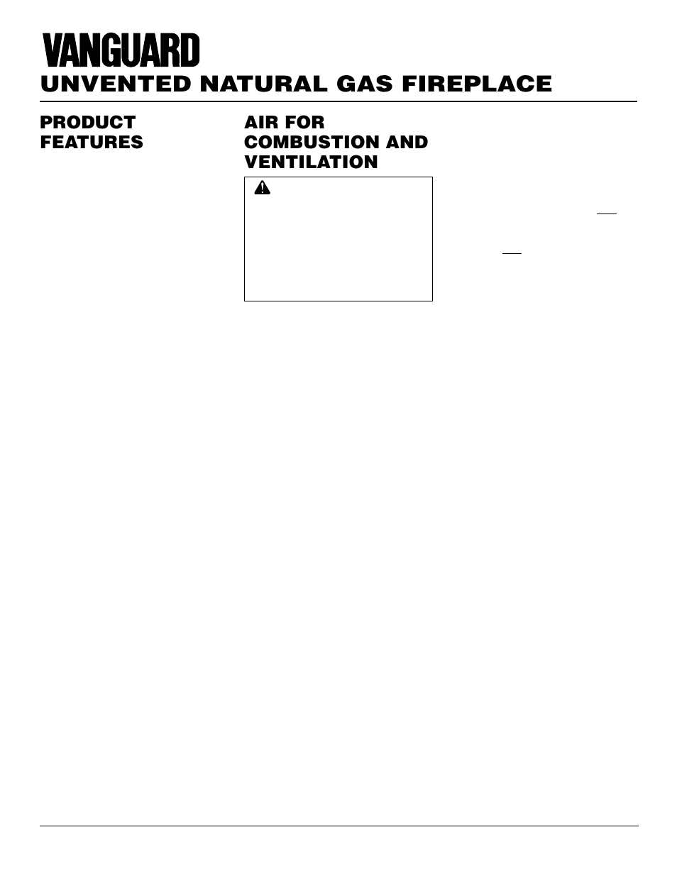 Unvented natural gas fireplace, Air for combustion and ventilation, Product features | Vanguard Heating VSGF28NTC User Manual | Page 4 / 32
