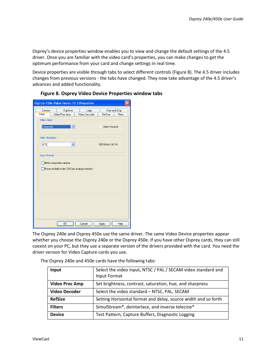 Understanding the device properties window | ViewCast Osprey-450e User Manual | Page 17 / 98