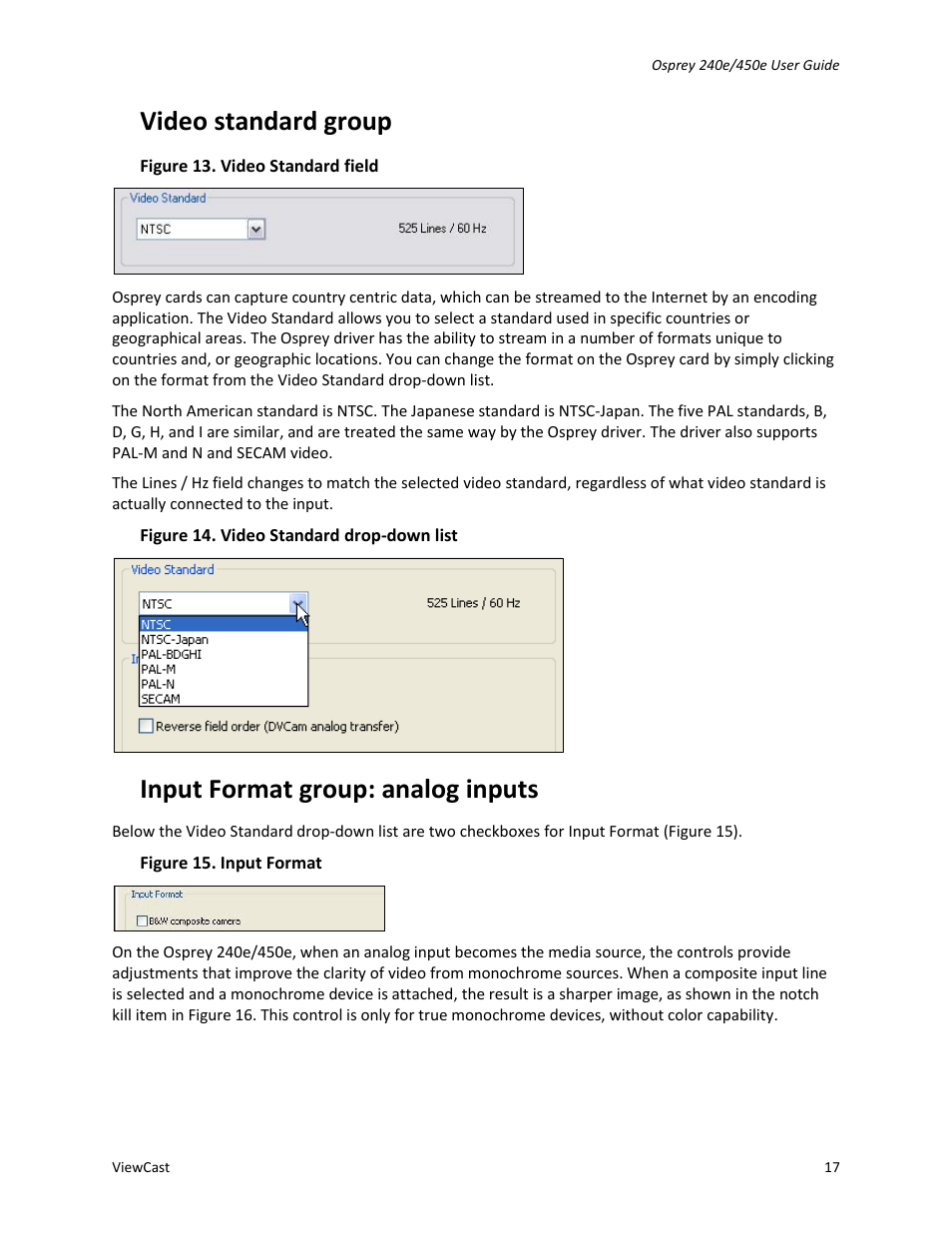 Video standard group, Input format group: analog inputs | ViewCast Osprey-450e User Manual | Page 23 / 98