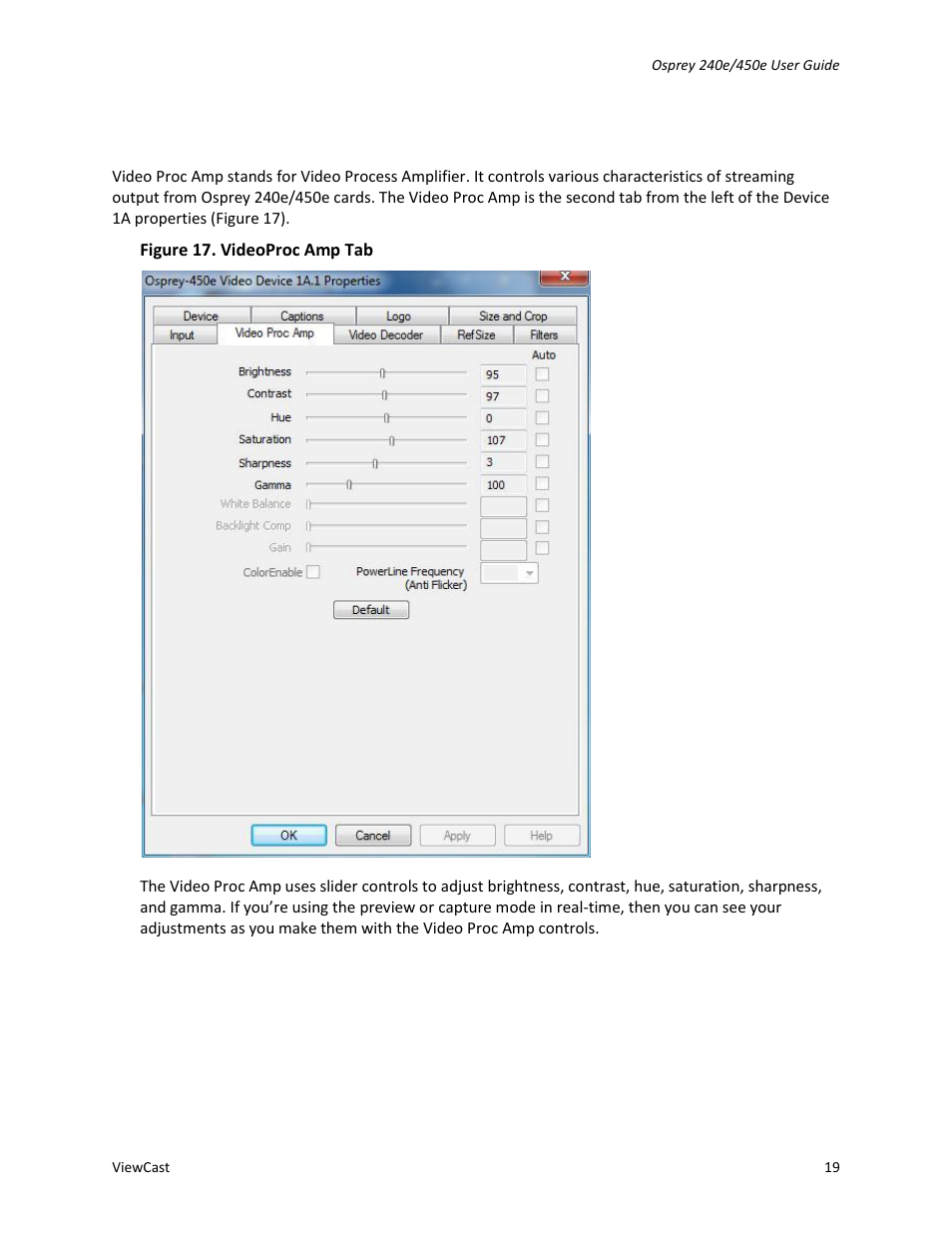 Video proc amp tab | ViewCast Osprey-450e User Manual | Page 25 / 98