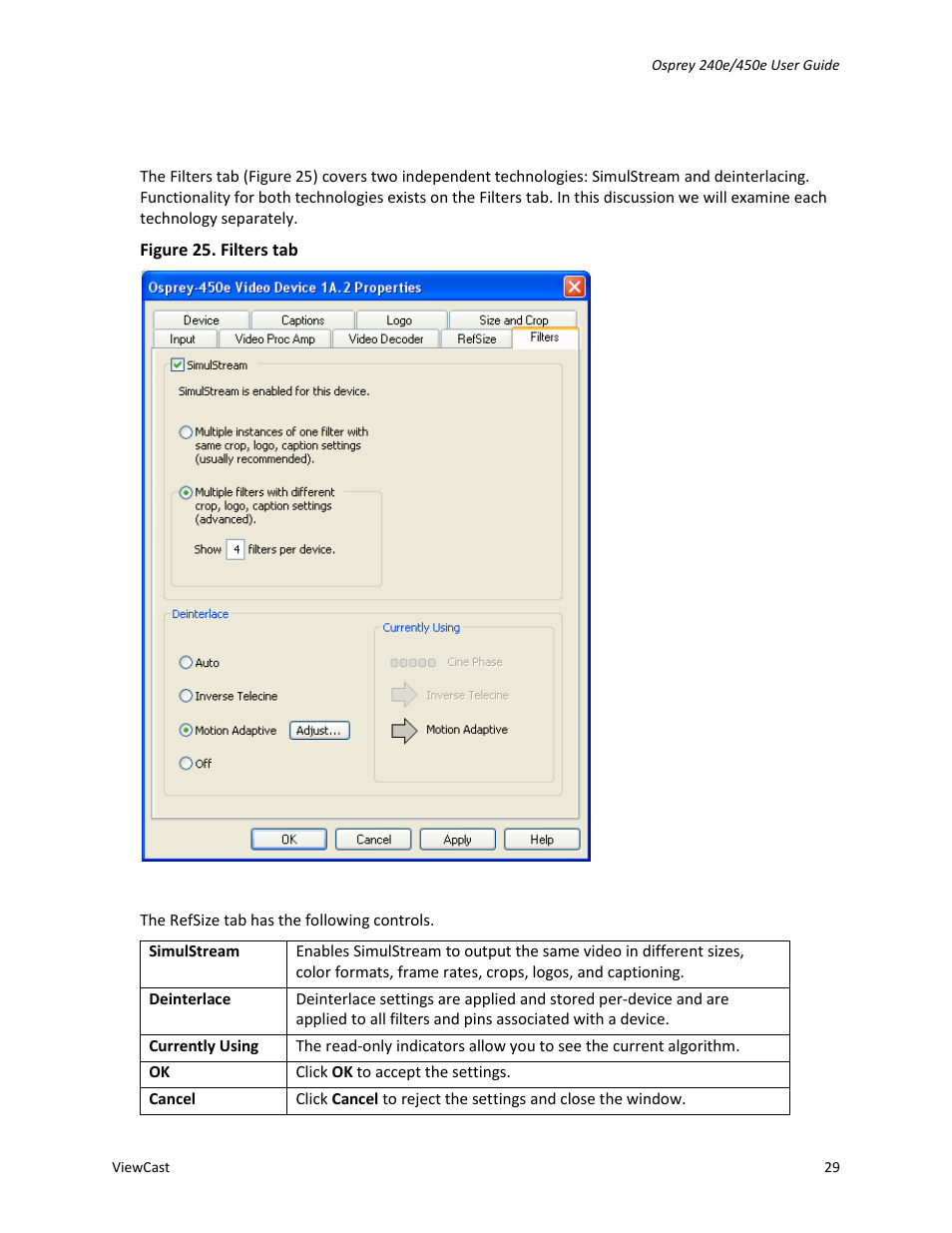 Filters tab | ViewCast Osprey-450e User Manual | Page 35 / 98