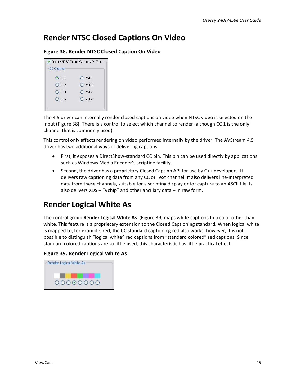 Render ntsc closed captions on video, Render logical white as | ViewCast Osprey-450e User Manual | Page 51 / 98