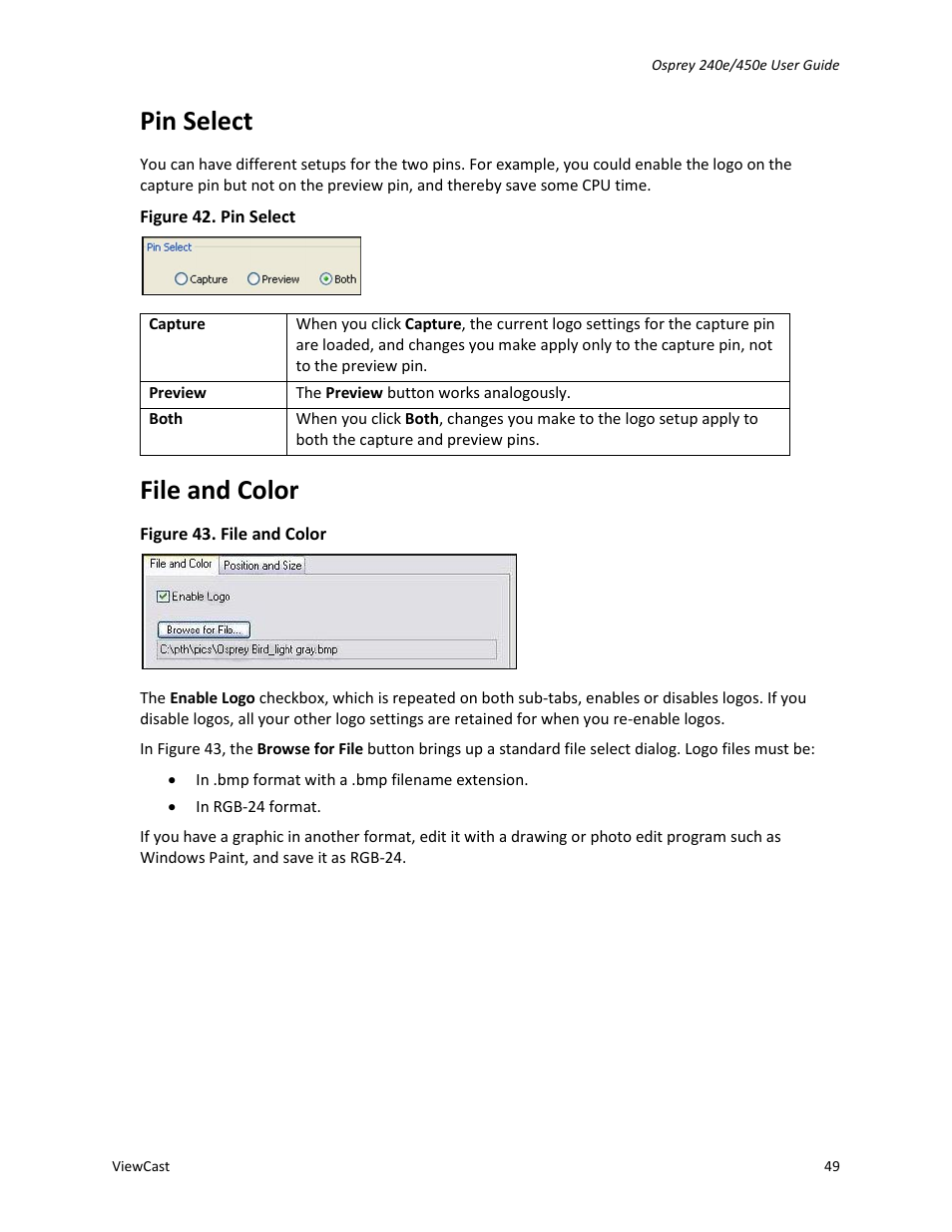 Pin select, File and color | ViewCast Osprey-450e User Manual | Page 55 / 98