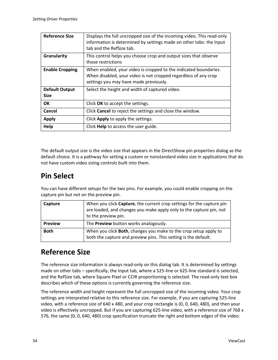 Pin select, Reference size | ViewCast Osprey-450e User Manual | Page 60 / 98