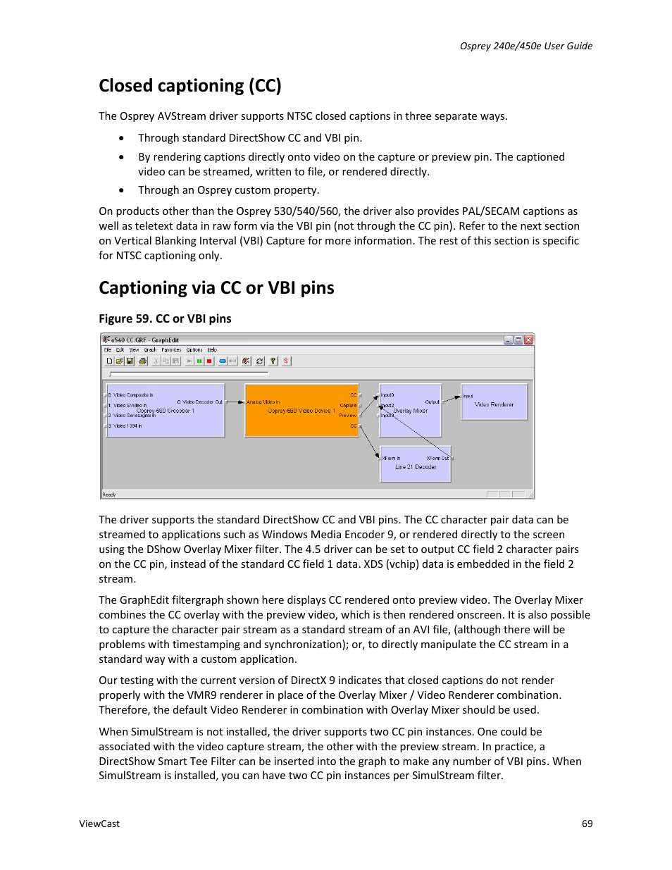 Closed captioning (cc), Captioning via cc or vbi pins | ViewCast Osprey-450e User Manual | Page 75 / 98