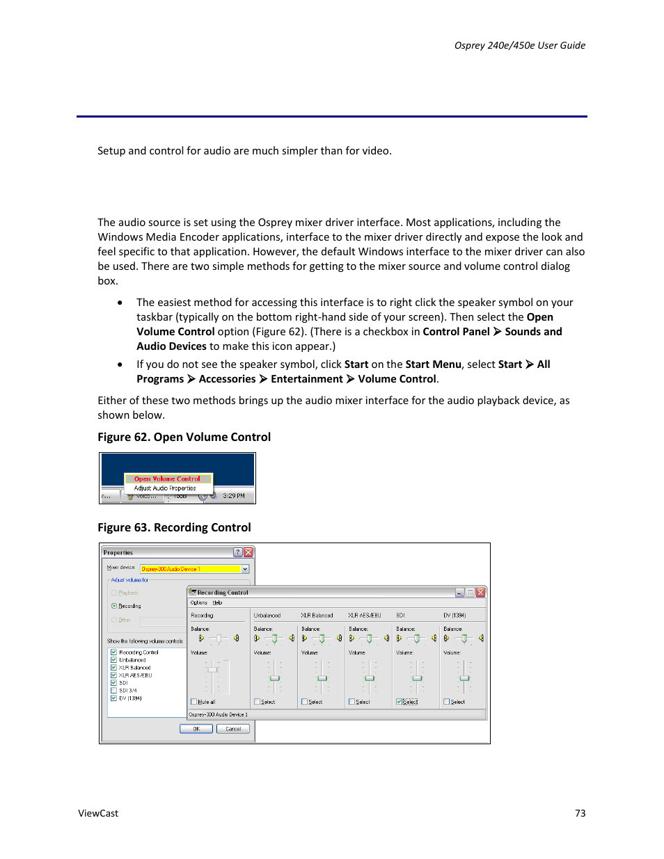 The audio driver, Selecting the audio source and input volume | ViewCast Osprey-450e User Manual | Page 79 / 98