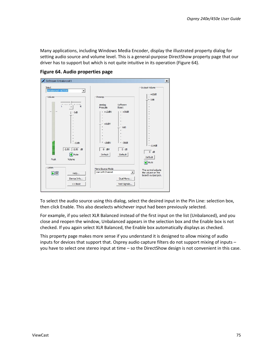 Audio properties page | ViewCast Osprey-450e User Manual | Page 81 / 98