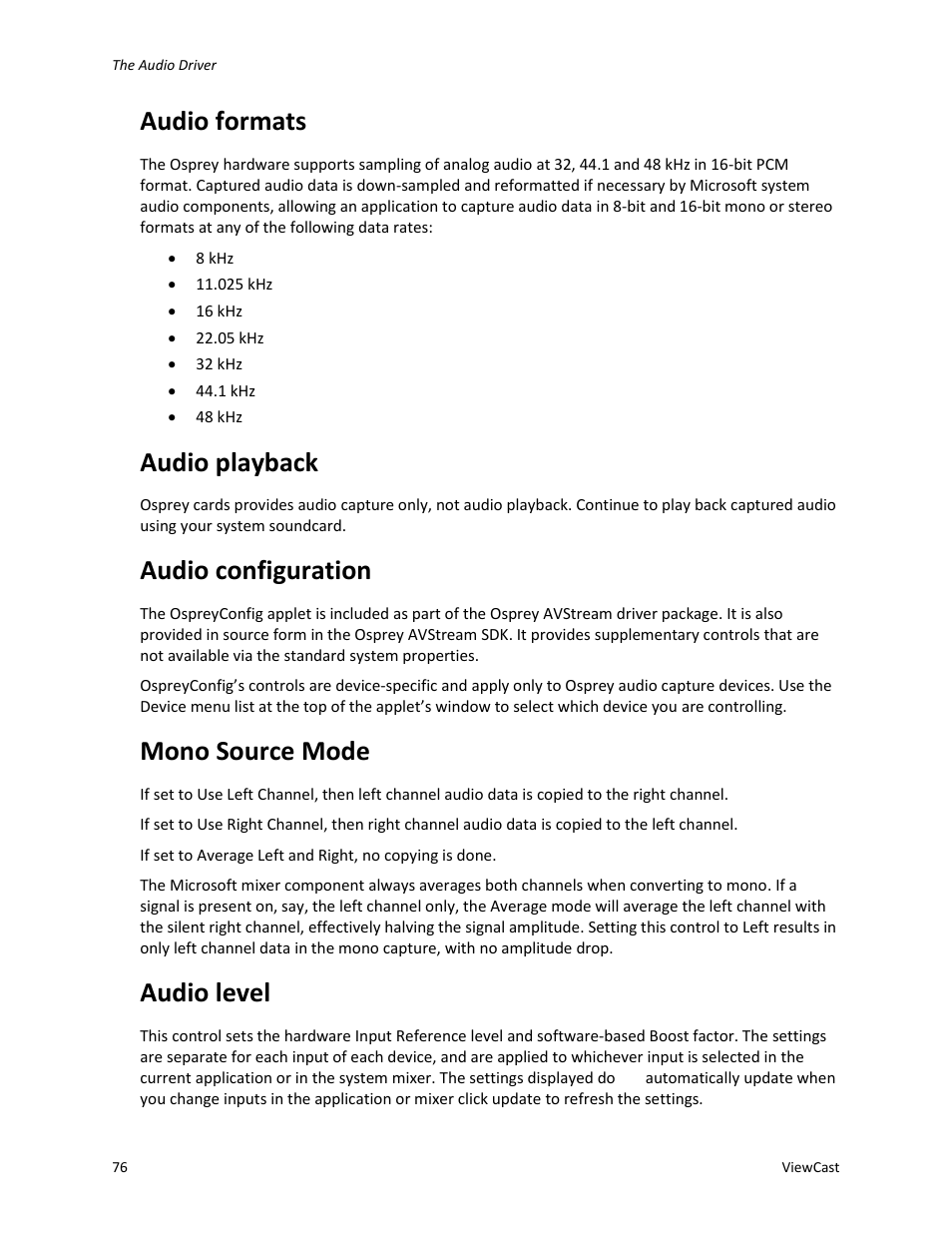 Audio formats, Audio playback, Audio configuration | Mono source mode, Audio level | ViewCast Osprey-450e User Manual | Page 82 / 98