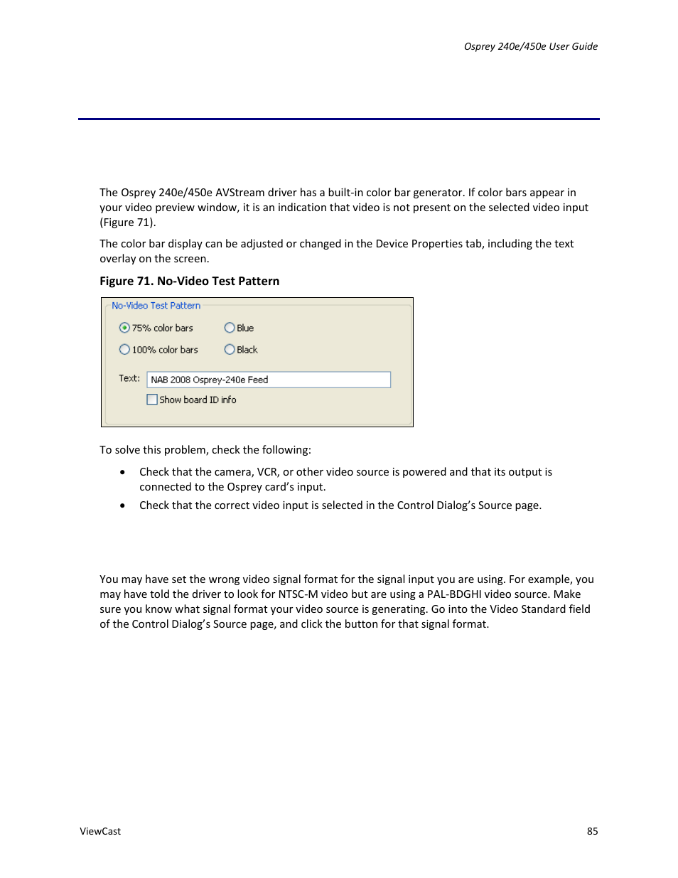 Appendix c: troubleshooting, Color bars on video screen, Scrambled video image | ViewCast Osprey-450e User Manual | Page 91 / 98