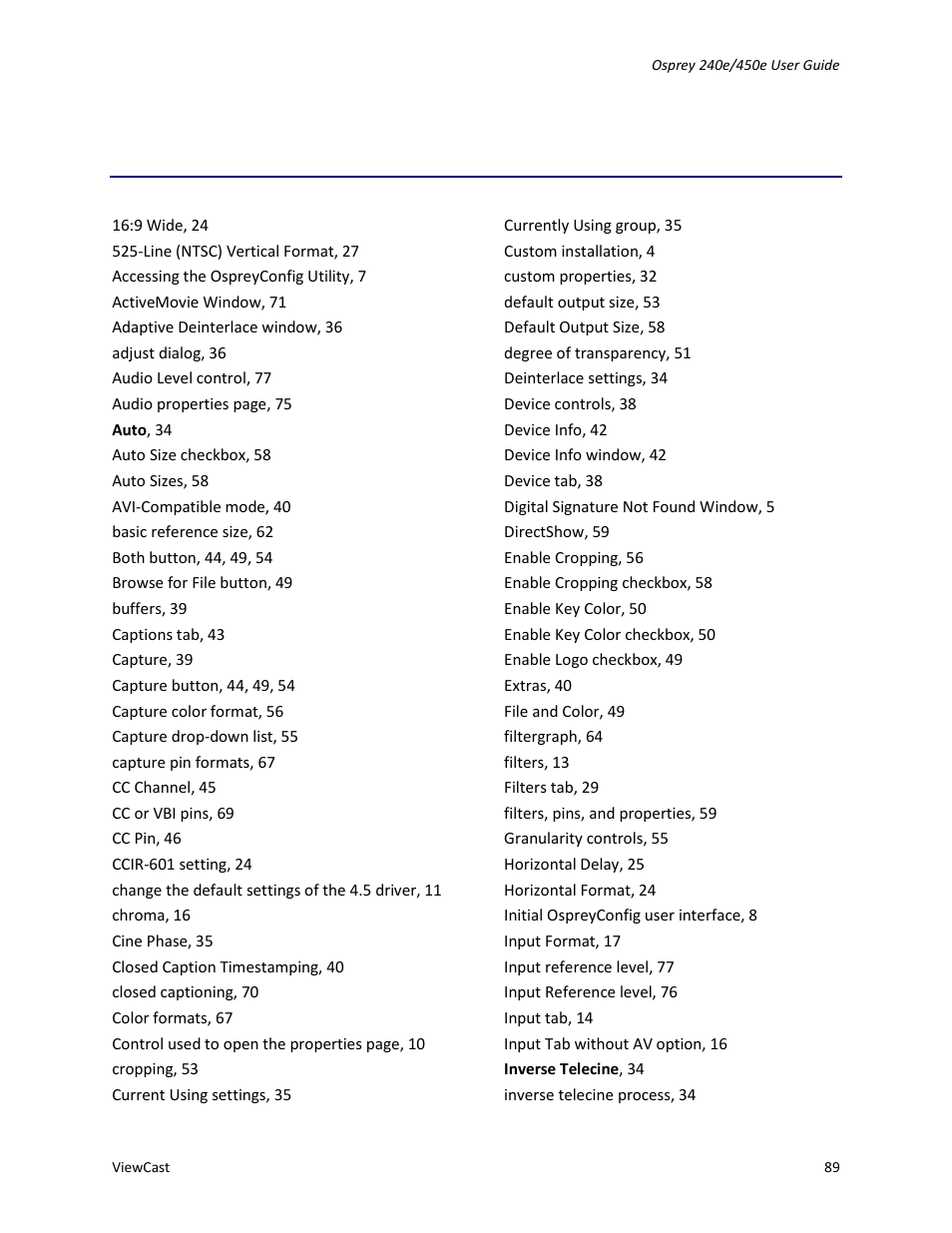 Index | ViewCast Osprey-450e User Manual | Page 95 / 98