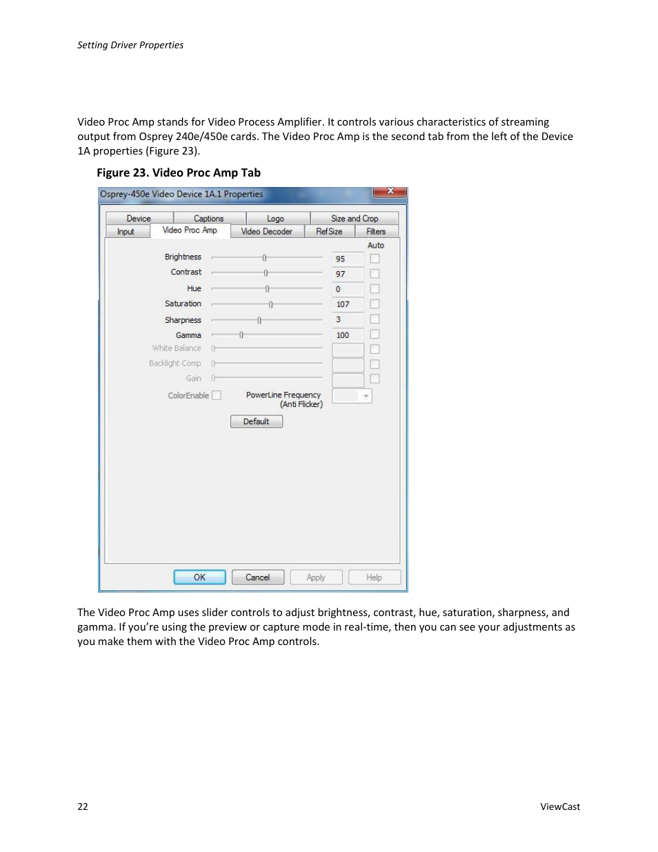 Video proc amp tab | ViewCast Osprey-450e User Manual | Page 28 / 106