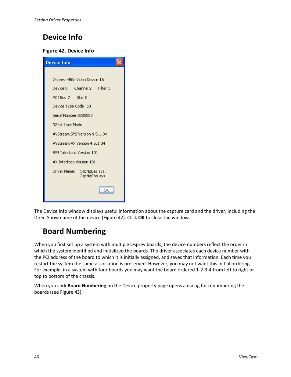 Device info, Board numbering | ViewCast Osprey-450e User Manual | Page 52 / 106