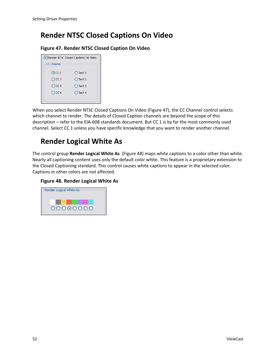 Render ntsc closed captions on video, Render logical white as | ViewCast Osprey-450e User Manual | Page 58 / 106