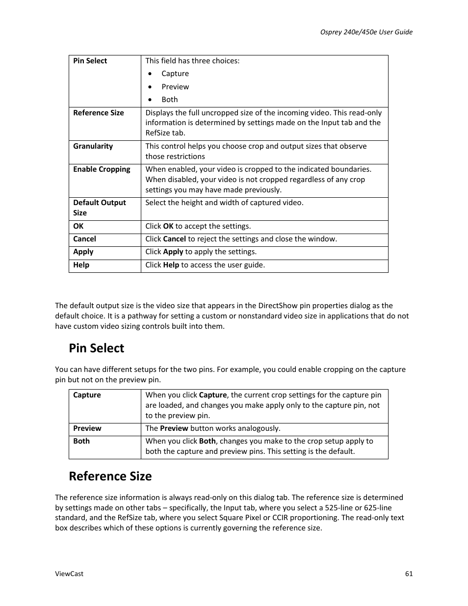 Pin select, Reference size | ViewCast Osprey-450e User Manual | Page 67 / 106
