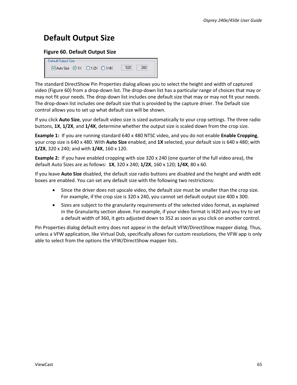 Default output size | ViewCast Osprey-450e User Manual | Page 71 / 106
