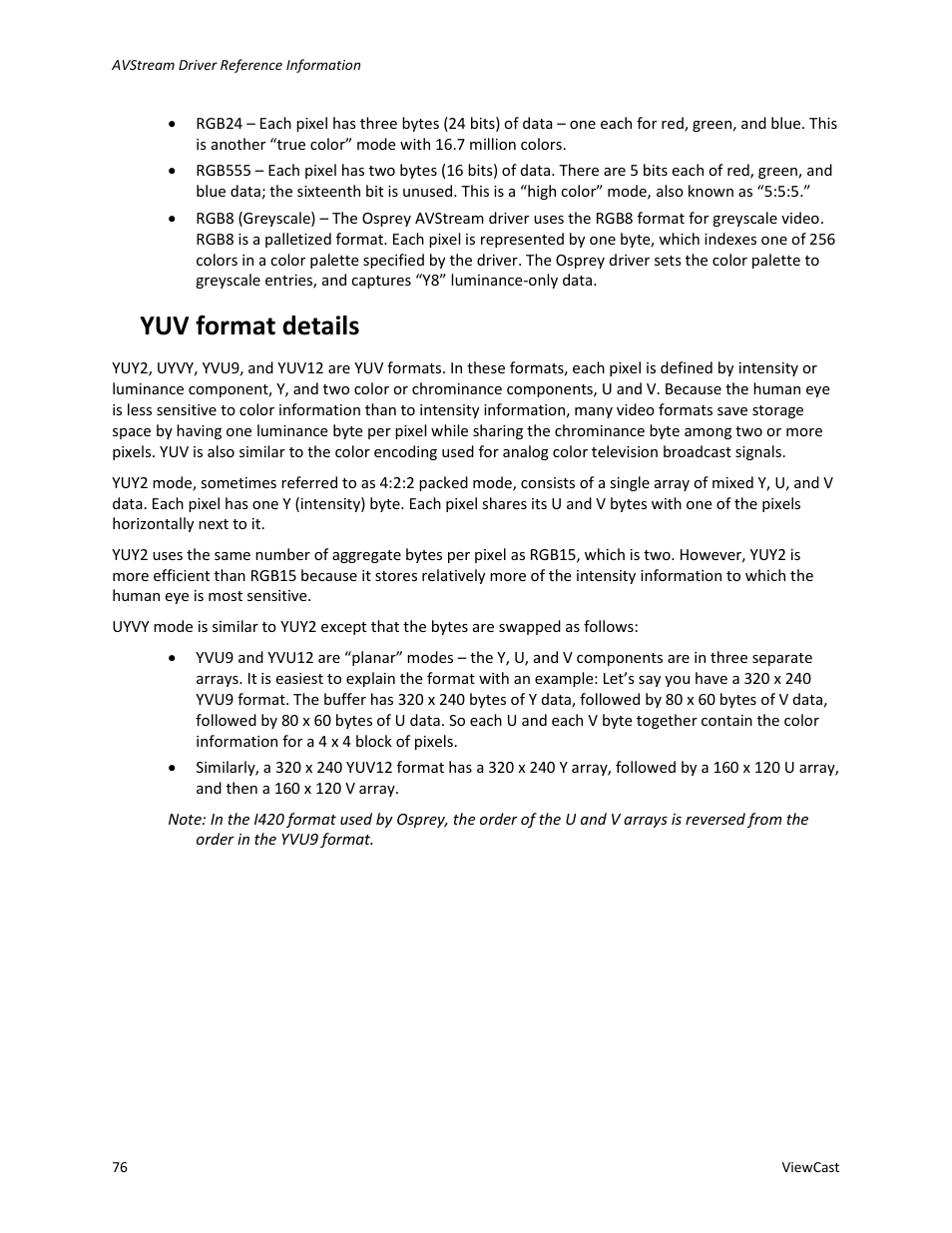 Yuv format details | ViewCast Osprey-450e User Manual | Page 82 / 106