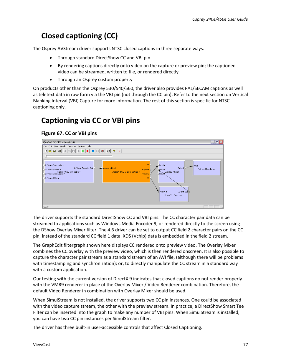 Closed captioning (cc), Captioning via cc or vbi pins | ViewCast Osprey-450e User Manual | Page 83 / 106