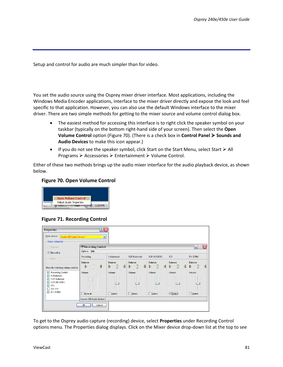 Audio driver, Selecting the audio source and input volume | ViewCast Osprey-450e User Manual | Page 87 / 106