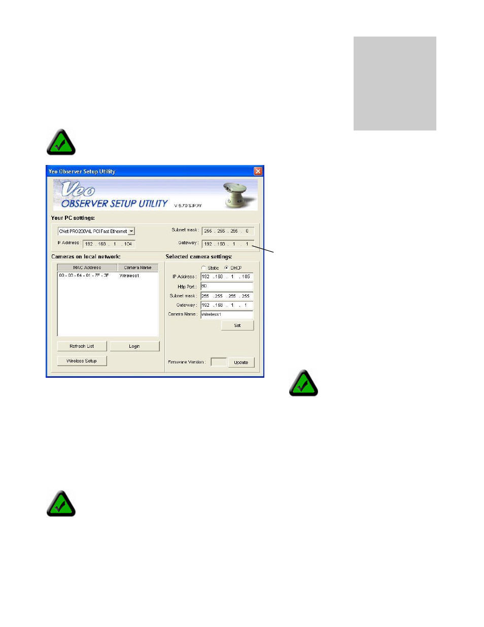 Chapter 5: observer setup utility, 1 manually assigning a static ip address, Observer setup utility | Chapter | Veo 802.11b User Manual | Page 25 / 69