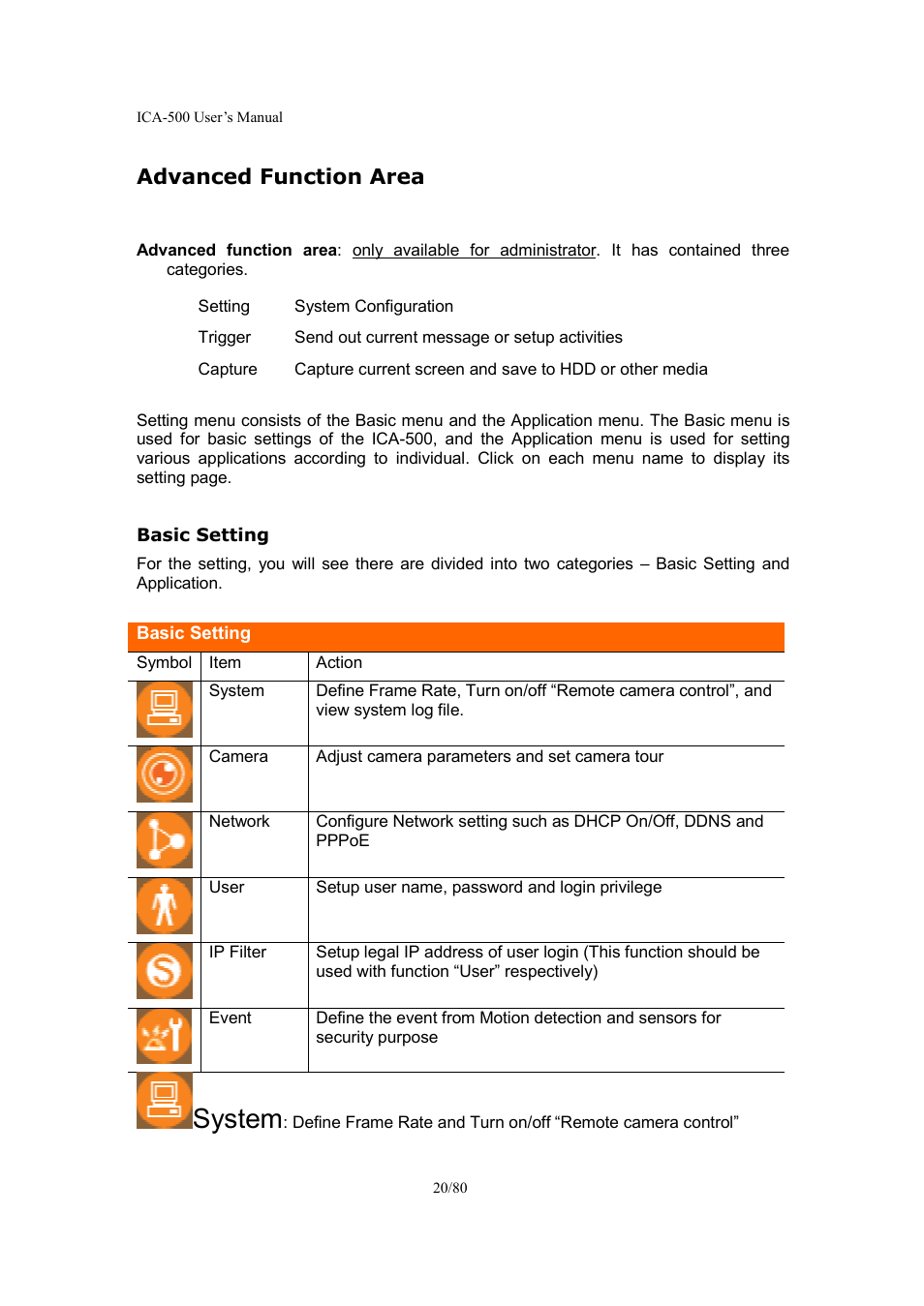 Advanced function area, System | Veo ICA-500 User Manual | Page 20 / 80