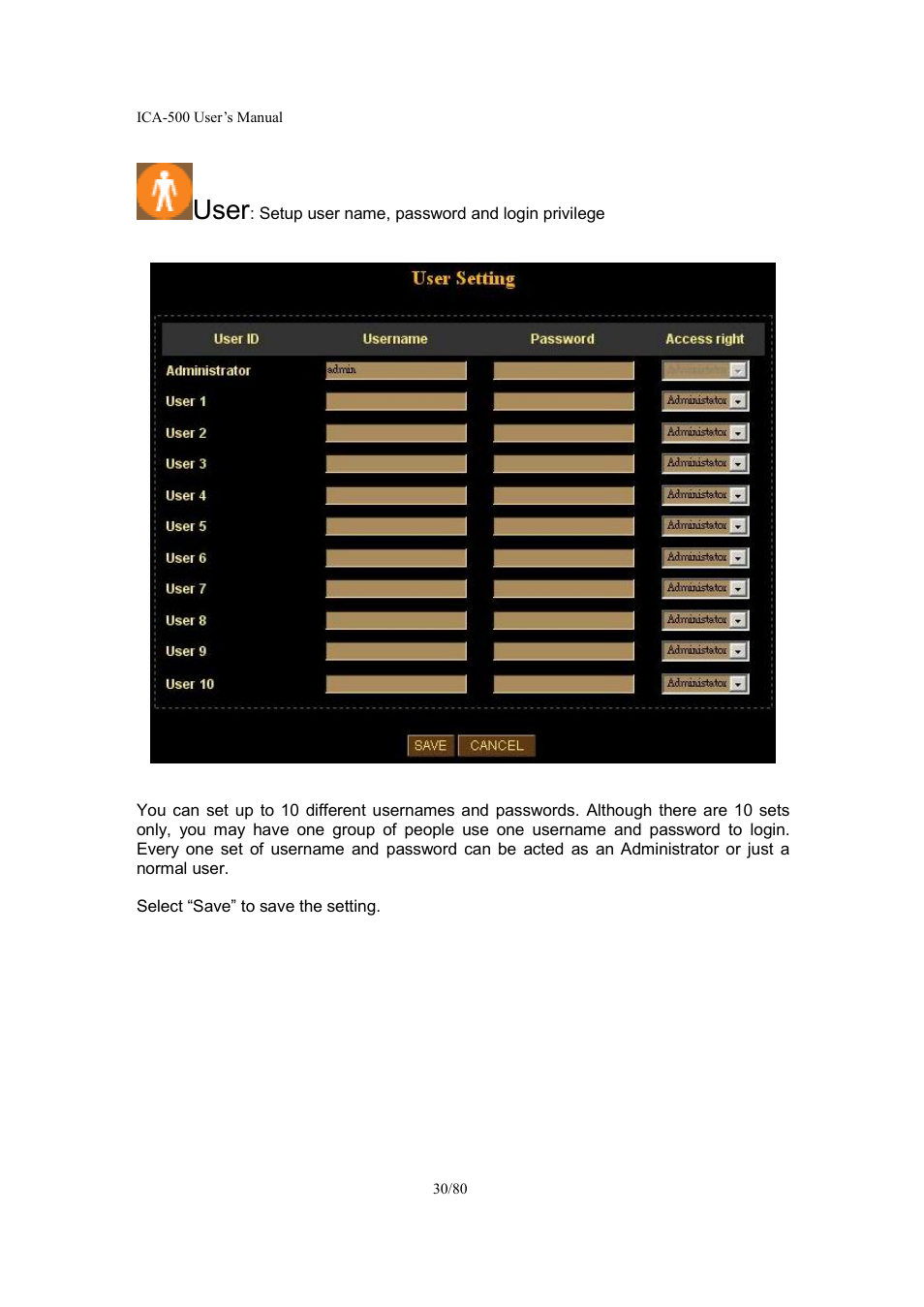 User | Veo ICA-500 User Manual | Page 30 / 80