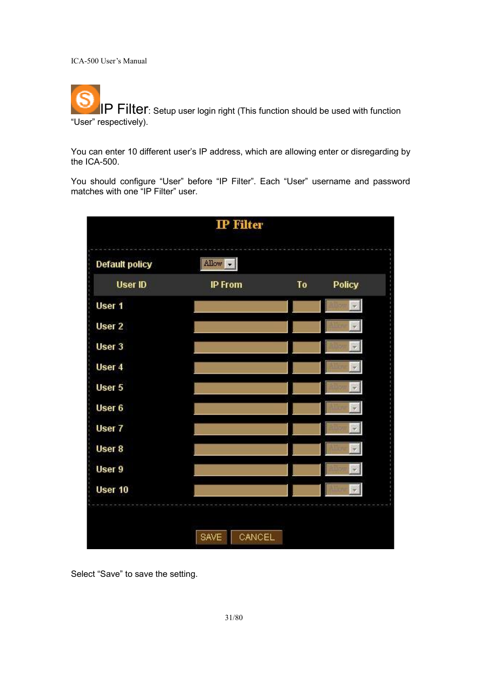 Ip filter | Veo ICA-500 User Manual | Page 31 / 80
