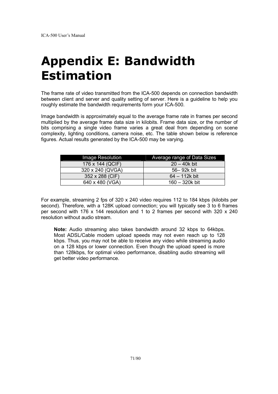 Appendix e: bandwidth estimation | Veo ICA-500 User Manual | Page 71 / 80