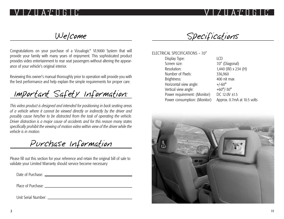 Welcome, Important safety information, Purchase information | Specifications | Vizualogic VL9000 User Manual | Page 2 / 6