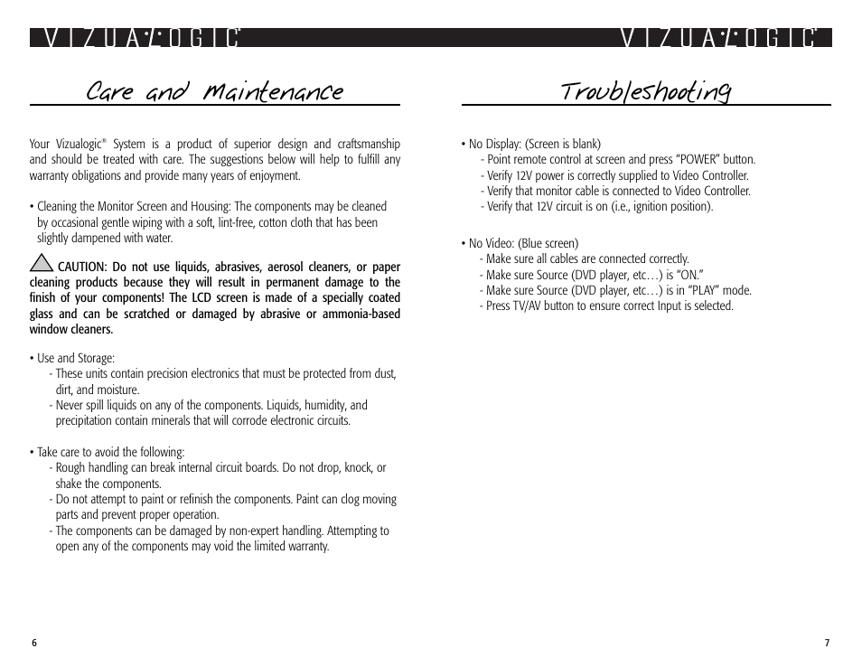 Care and maintenance, Troubleshooting | Vizualogic VL9000 User Manual | Page 6 / 6