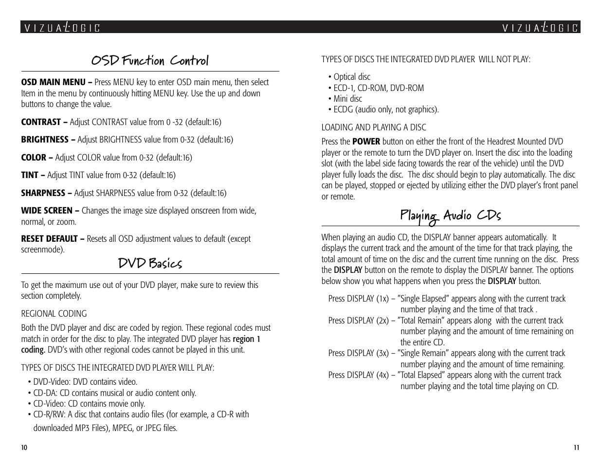 Osd function control, Dvd basics, Playing audio cds | Vizualogic A-2000 User Manual | Page 10 / 10