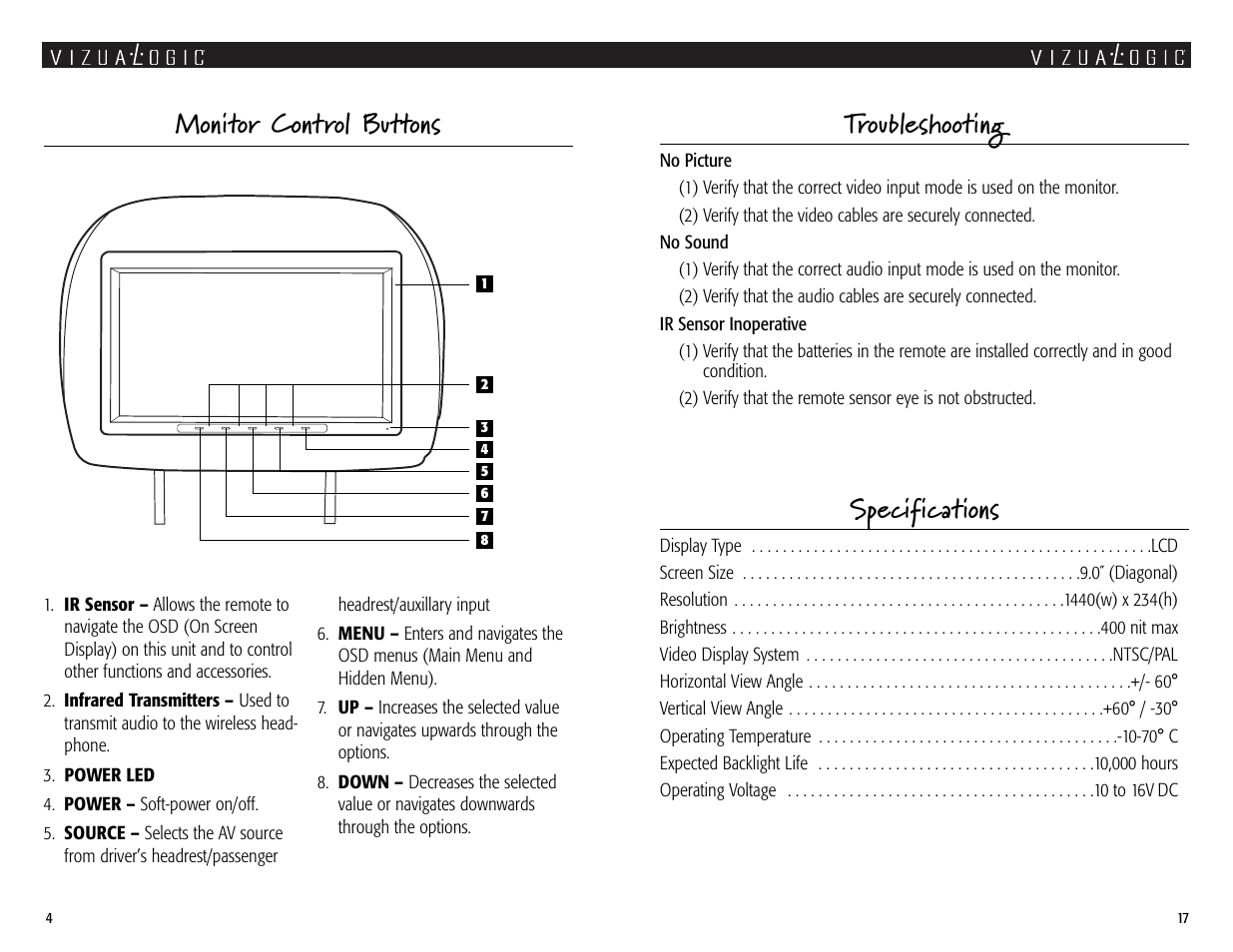 Specifications, Monitor control buttons troubleshooting | Vizualogic A-2000 User Manual | Page 4 / 10